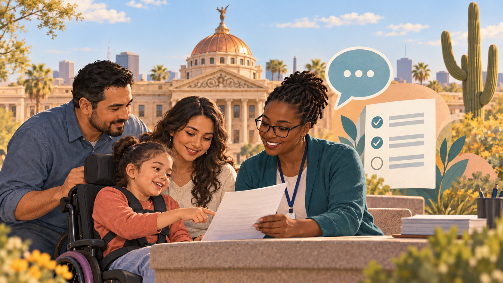 An Arizona family and professional caregiver review a public-comment document outside the Arizona State Capitol.